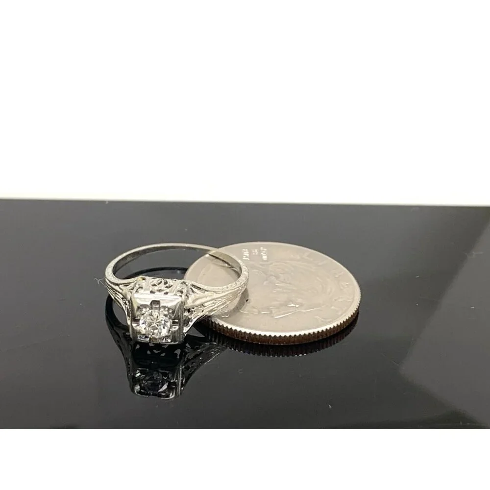 18k White Gold Filigree Diamond Ring 0.25 Carat Antique Estate Jewelry Size 7